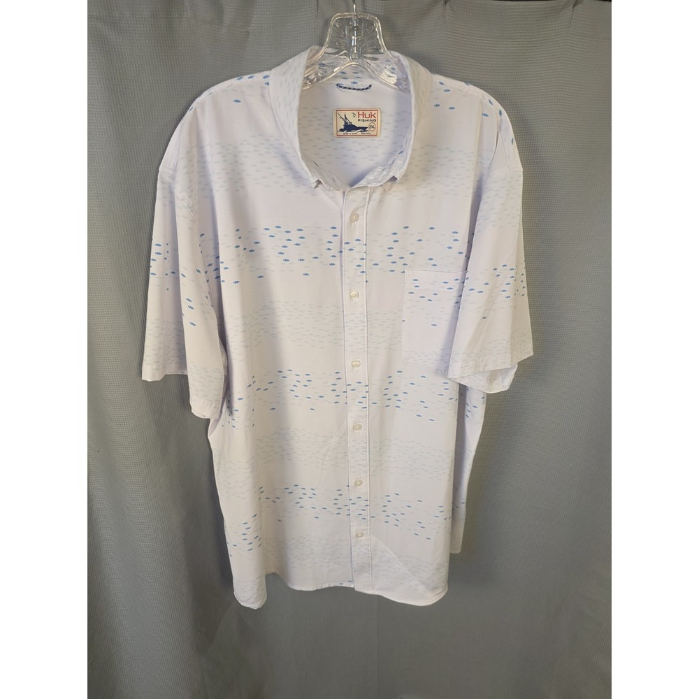 Huk Kona Fishing Shirt 2XL White Blue Fish Print Performance Button Down